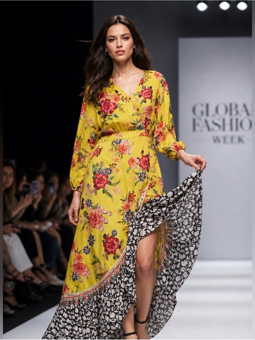 FARM Rio Yellow Floral High-Low Wrap Dress with Black/White Hem